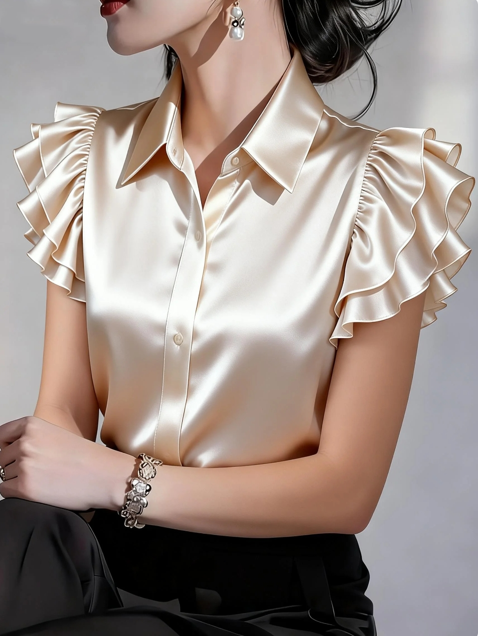 Elegante Camicia in Raso con Bottoni per Donne, Maniche a Volant, Colletto, Blusa da Ufficio
