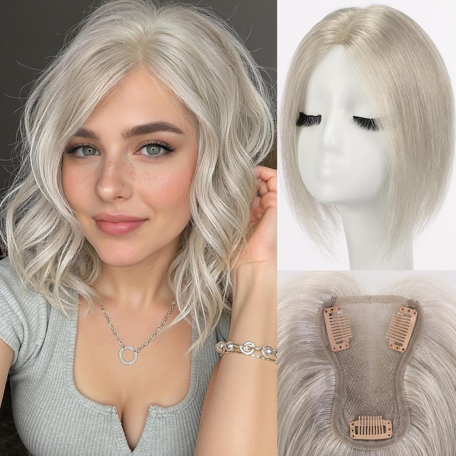 Topper de Cabelo Humano Real de 10 Polegadas para Mulheres, Peça de Cabelo Cinza Prateado Sem Franja, Topper com Base de Renda Suíça de 3x4,5 Polegadas para Cabelos Ralos