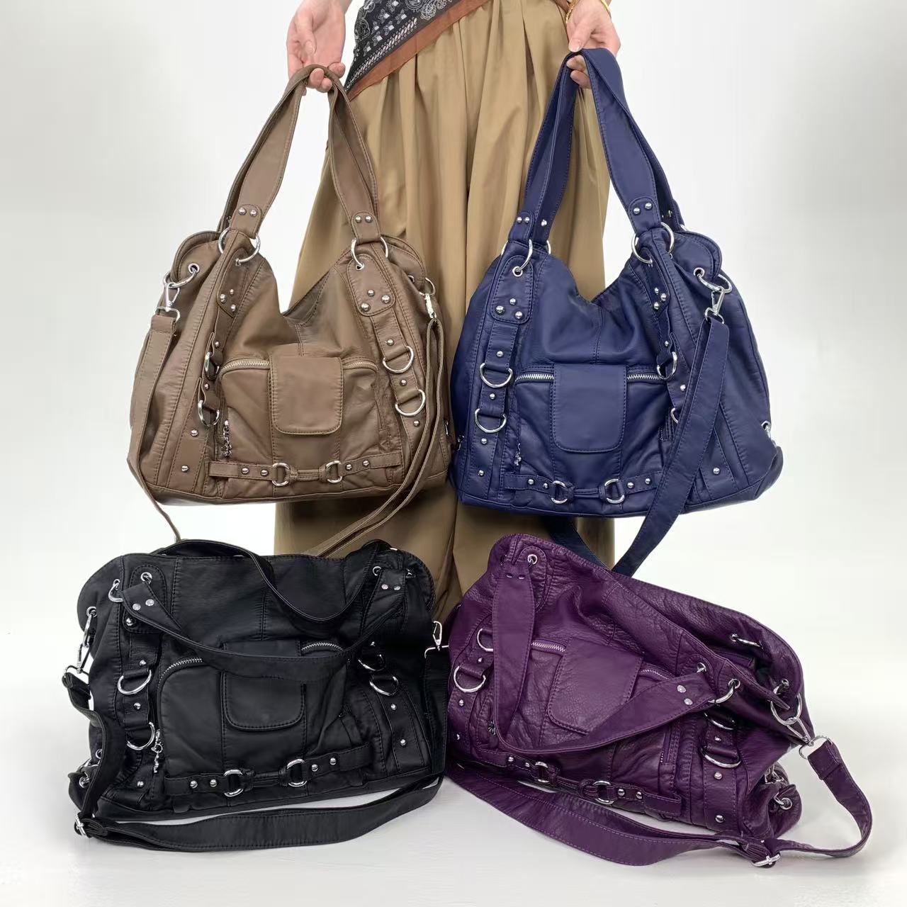 Y2K Fashion Street – sac fourre-tout personnalisé pour femmes, grande capacité, rétro en détresse, sac à bandoulière en cuir végétalien pur
