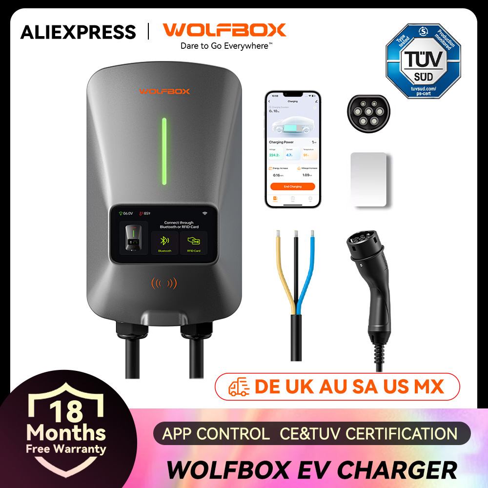Estación de carga WOLFBOX EV tipo 2 22KW 32A 1 fase cargador de coche para vehículo eléctrico Wallbox con pantalla LCD Control de aplicación tarjeta RFID
