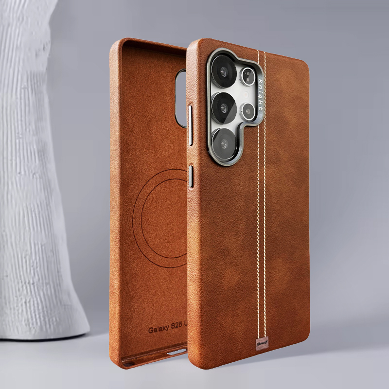 Custodia Magnetica Vintage in Pelle PU per Samsung Galaxy S25 Ultra S24 S23 con Cornice Metallica per Lenti, Ricarica Wireless e Protezione Antiurto
