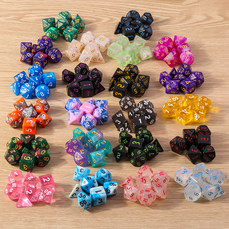 ชุดลูกเต๋า DND 7 ชิ้น/ชุด 23 สี ลายกาแล็กซี่ ประกอบด้วย D4 D6 D8 D10 D12 D20 ลูกเต๋าหลายเหลี่ยม สำหรับเกม TRPG ดราก้อน ดันเจี้ยน และเกมกระดานอื่นๆ