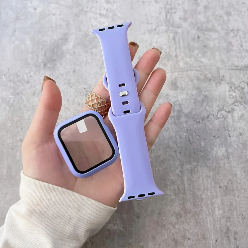 Glass+Case+band For Apple Watch bands 44mm 40mm 45mm 41-38mm 42mm Silicone sport bracelet iWatch series10 8 9 7 6 5 4 3 SE strap