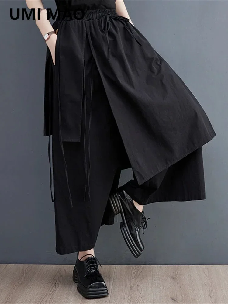 UMI MAO ผู้หญิงแฟชั่นไม่สม่ําเสมอกางเกง Elegant เครื่องแต่งกายด้านล่างข้อเท้าเรียบผ้าพันคอสีดําสไตล์ฤดูร้อนกางเกง Femme