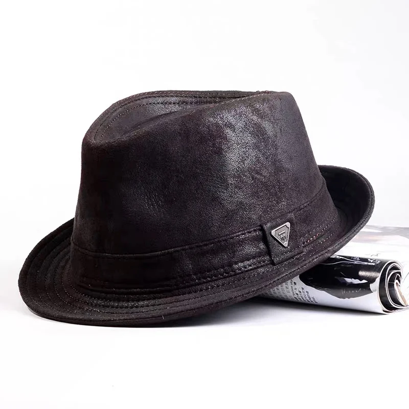 Sombrero de fieltro masculino de piel de oveja de gamuza de cuero genuino sombrero Formal de piel de vaca de ala corta sombrero de copa negro/marrón espectáculos masculinos Caballero