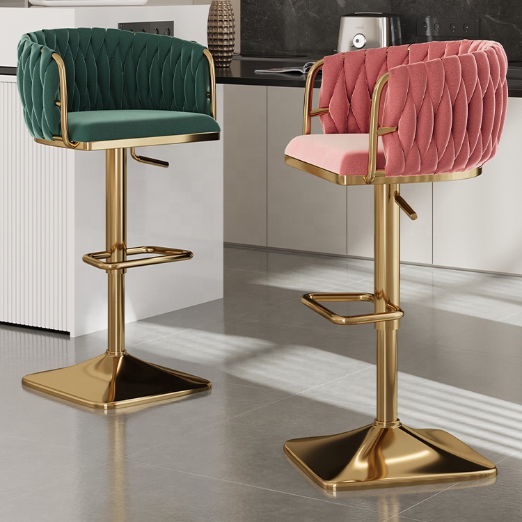 Silla de Bar con mostrador de Metal, conjunto de muebles modernos giratorios nórdicos para el hogar, taburetes de lujo dorados de cuero de cocina de terciopelo de madera alta, silla de Bar