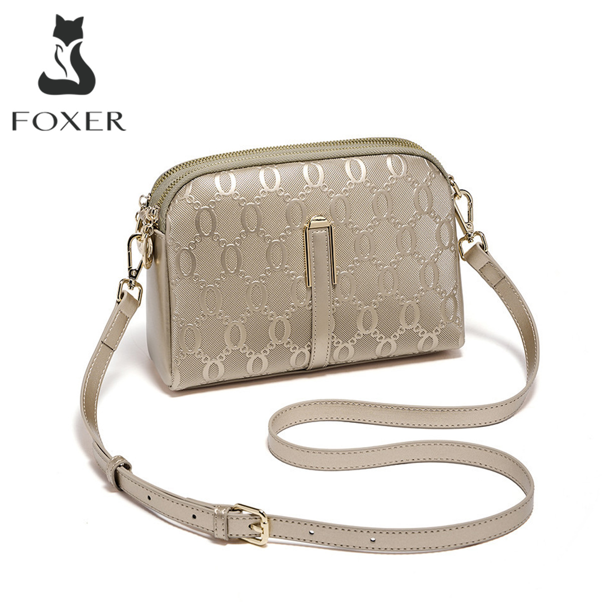 Bolsa de Ombro Feminina FOXER Elegante em Couro Rachado, Bolsa Transversal Feminina com Estampa Monograma, Bolsa de Grande Capacidade