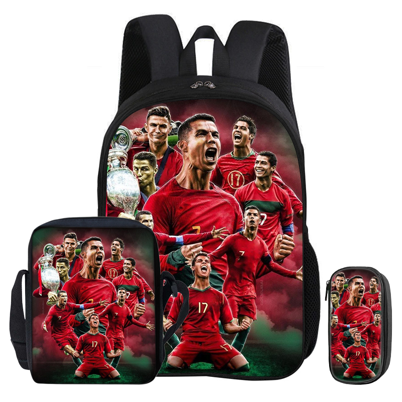 Conjunto de 3 uds de mochila Ronaldo, bolso de hombro, bolsas para lápices, Mochila CR Football Star, Mochila para niños, Mochila deportiva de fútbol, ​​regalo escolar