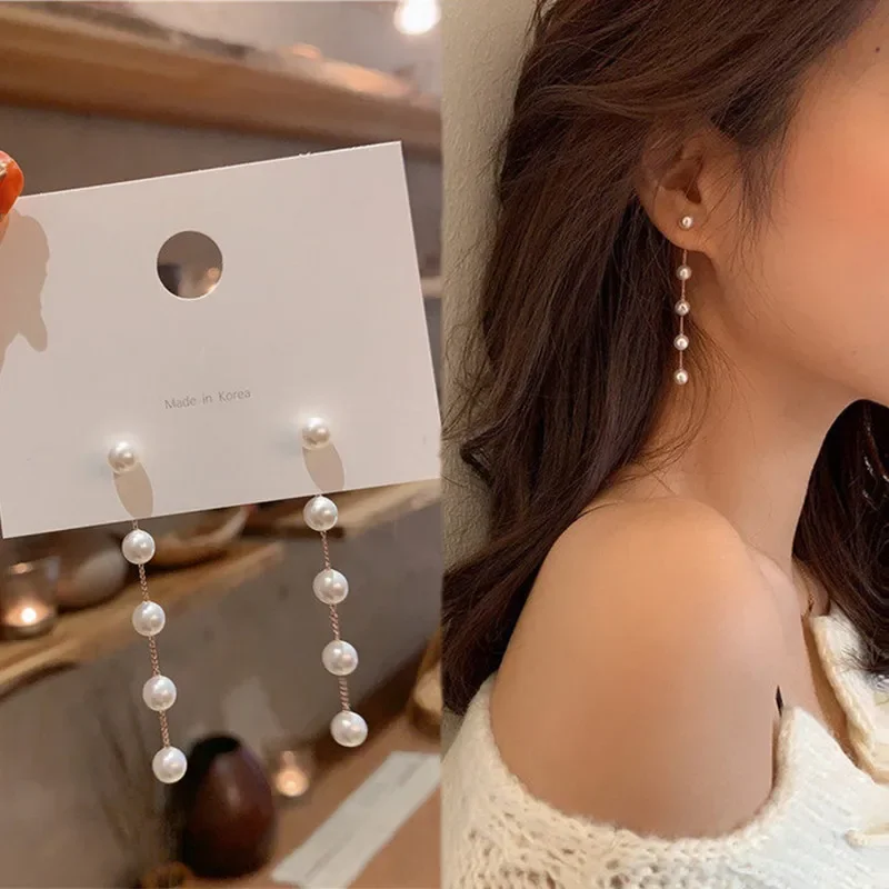 Pendientes largos de perlas de imitación para mujer, aretes colgantes de boda con diamantes de imitación y flores, joyería coreana, nueva tendencia 2022