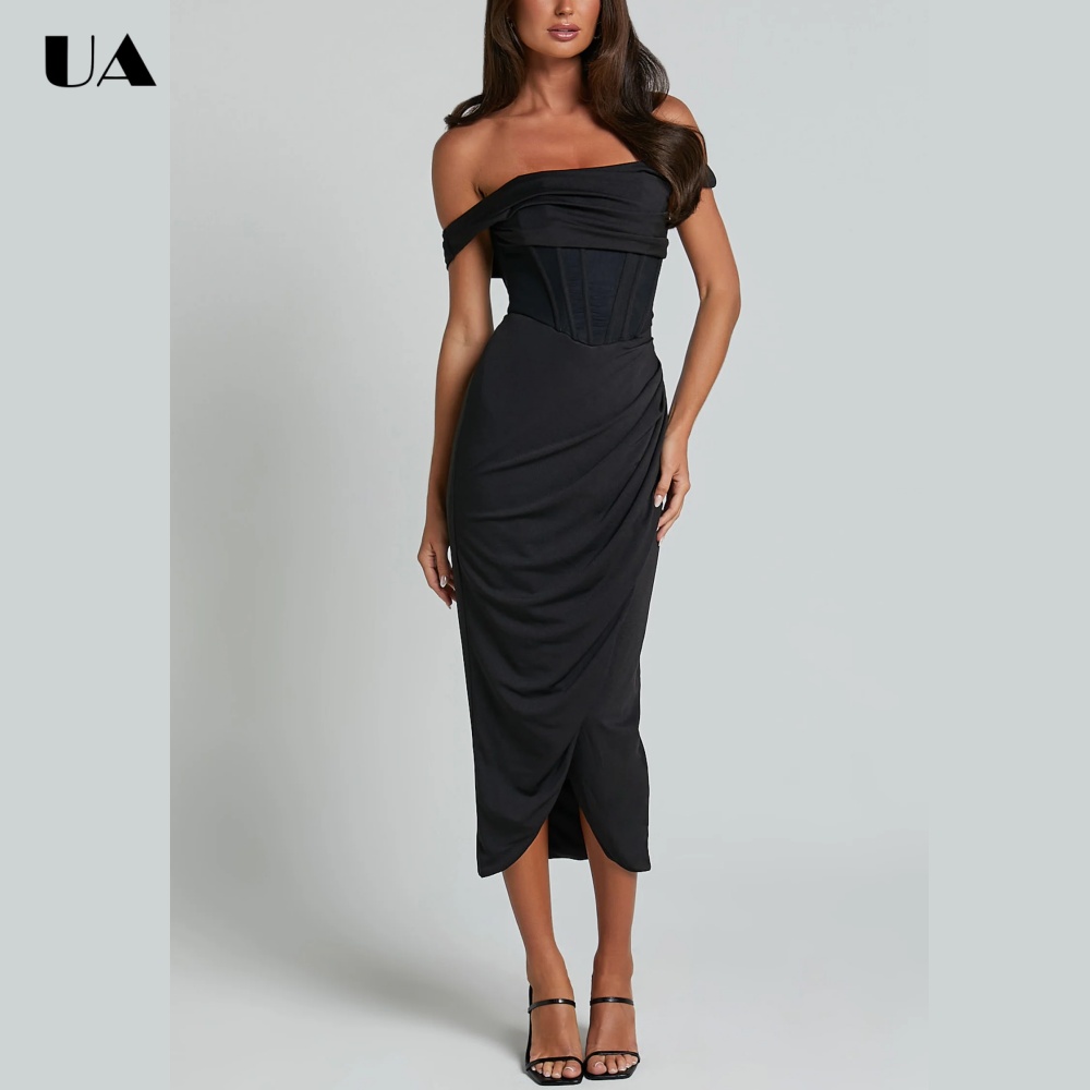ULBYANRY Sexy Sheath Off Shoulder Corset Prom Dress for Woman Trendy Solid Draped Evening Dress Customized Slash Neck Midi Dress