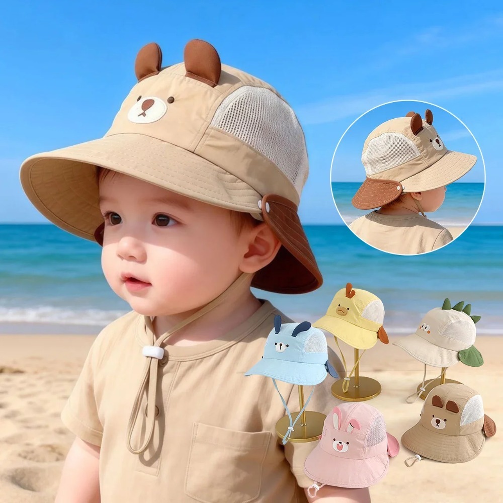 Chapéu de Praia Infantil com Orelhas de Urso e Coelho, Boné de Malha Respirável com Visor Solar para Meninos e Meninas, Chapéu Panamá de Verão