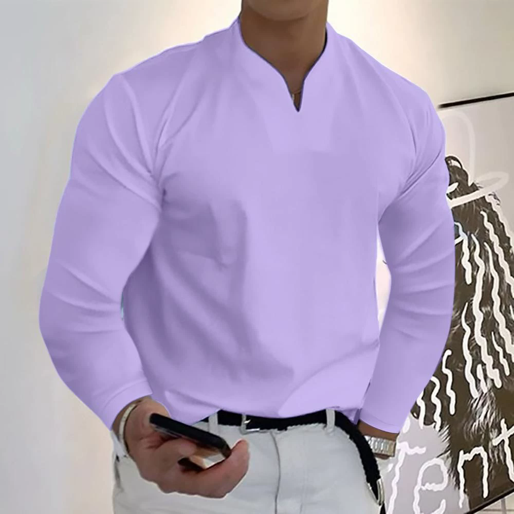 T-shirt da uomo a maniche lunghe con scollo a V, vestibilità slim, casual, basic, tinta unita