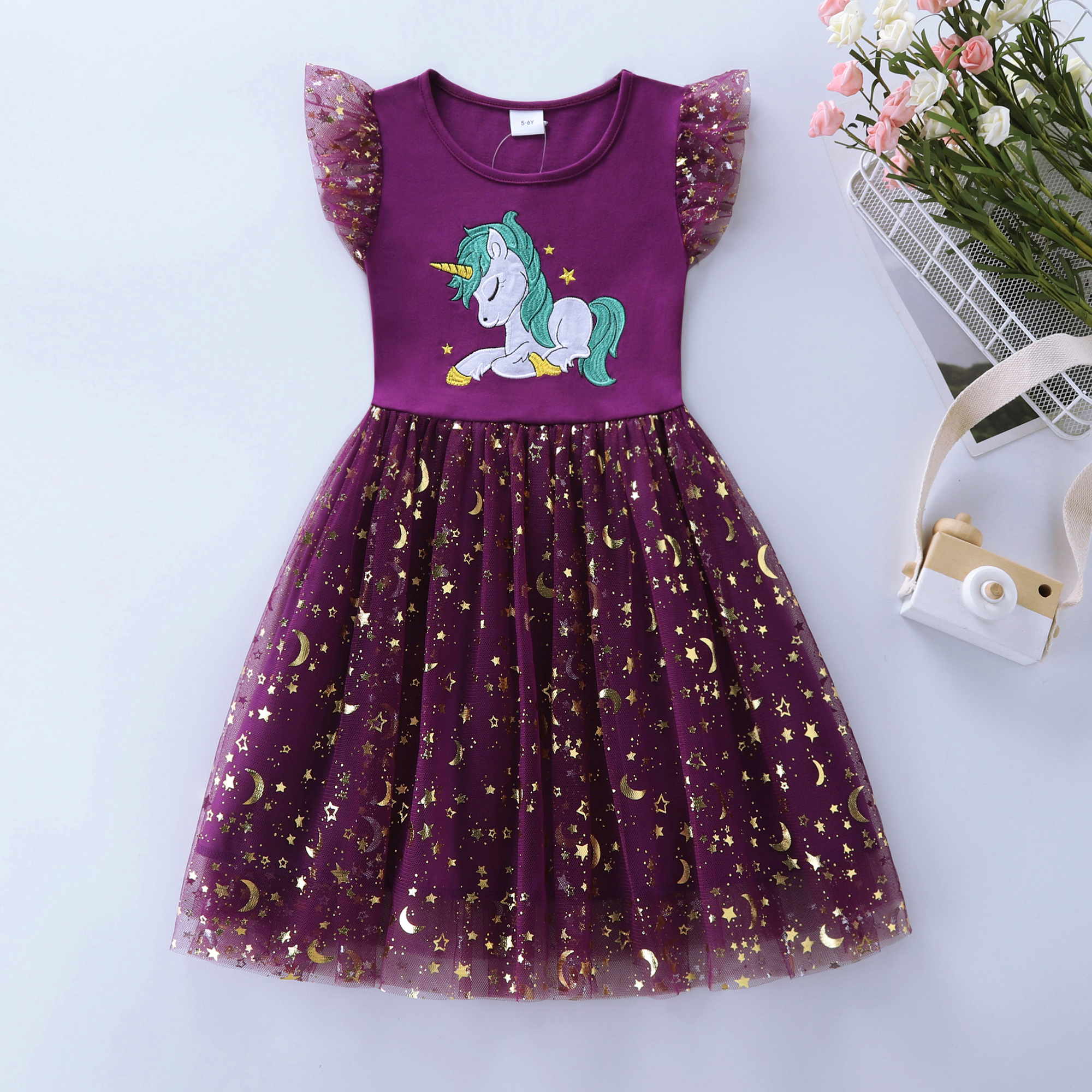Summer New Girl's Cotton Unicorn Embroidered Mesh Spliced Sleeveless Dress SH1701