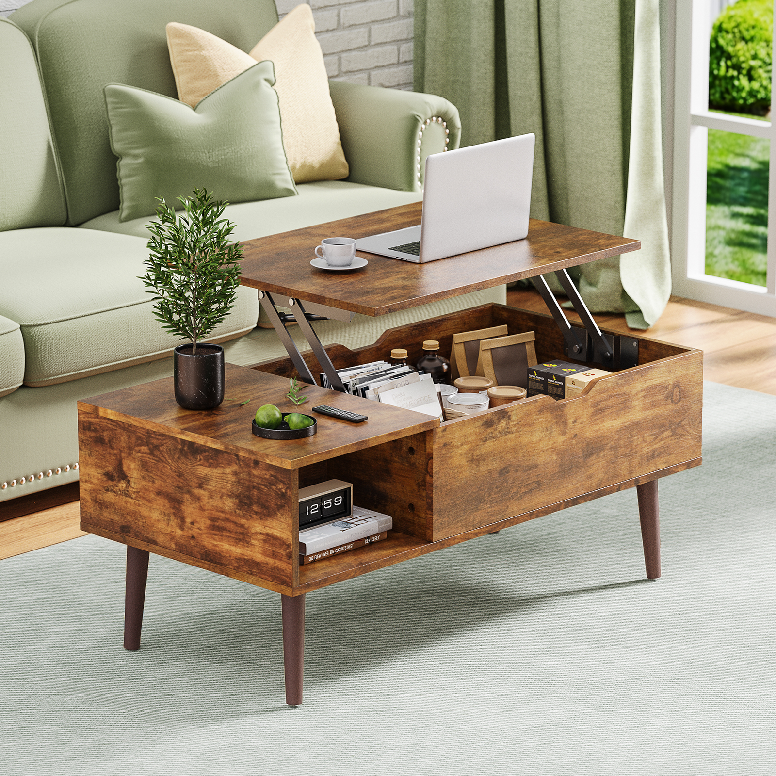MCQ 39,37"x19,7" houten salontafel met opklapblad, verstelbare opbergplank, eenvoudig op- of neer te zetten voor thee- of eettafels