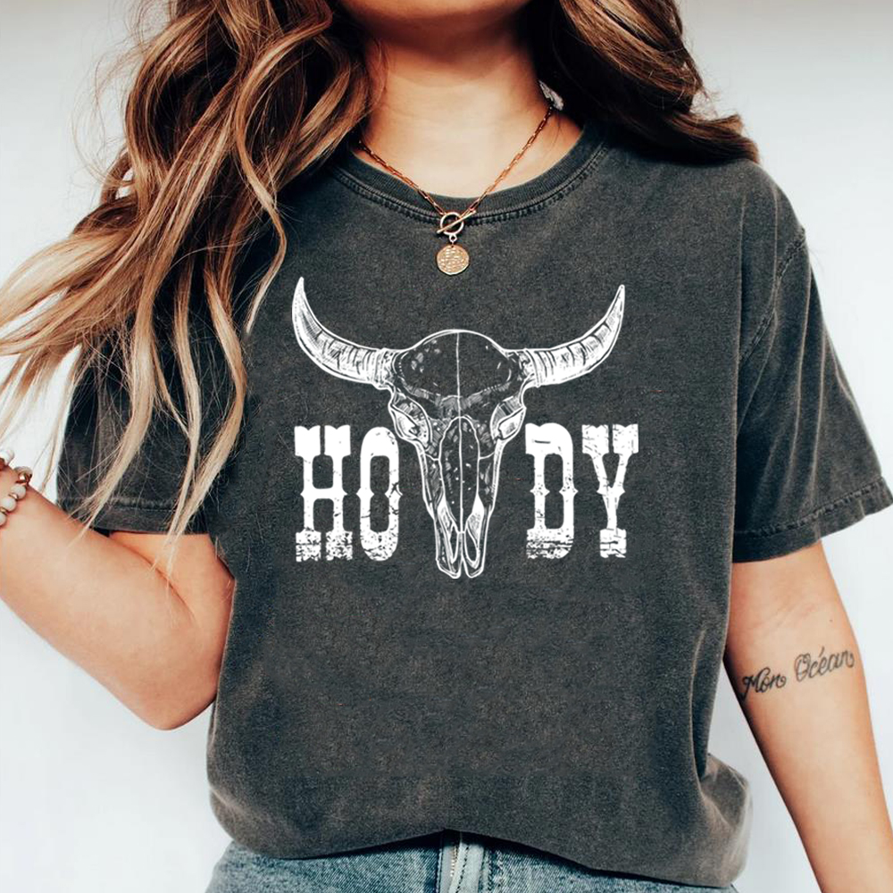 เสื้อยืด howdy ย้อนยุคเสื้อยืดลายกะโหลกวัวกระโหลกเสื้อคาวบอยสาวเสื้อยืดแนวตะวันตกเสื้อยืดวินเทจสไตล์ภาคใต้