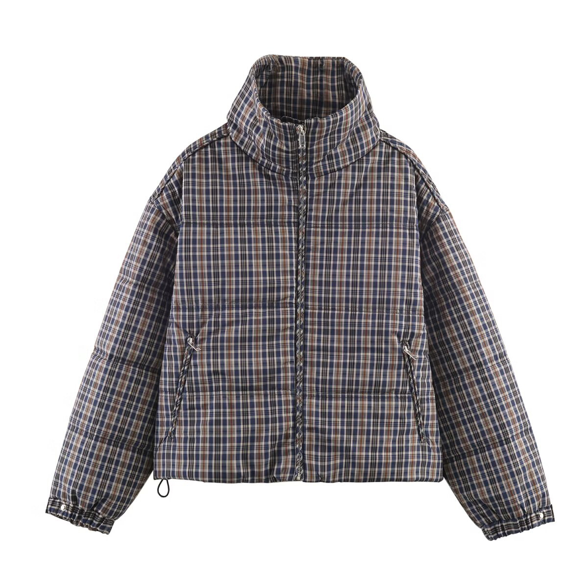 Novità Inverno 2025: Giacca Minimalista da Donna con Zip, Maniche Lunghe, Collo Alto e Motivo a Quadri in Cotone