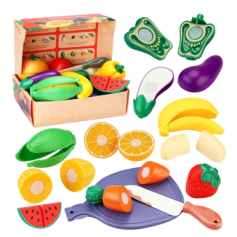 26-teiliges Rollenspiel-Lebensmittel-Schneideset für Kinder, schneidbares Obst- und Gemüse-Spielzeug, Küchenzubehör mit Messer und Brett