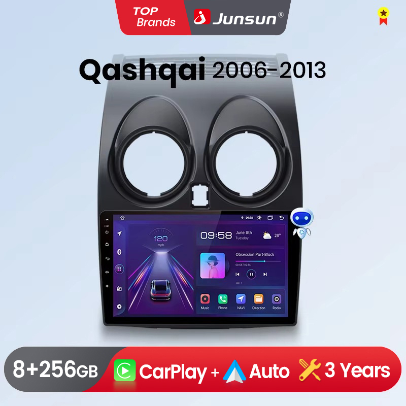 Junsun Bezprzewodowe Radio Samochodowe CarPlay Android Auto do Nissan Qashqai J10 2006 - 2013 2 DIN Stereo Multimedialne z Wbudowanym Wentylatorem Chłodzącym Nawigacja GPS Sterowanie Kierownicą Bluetooth FM RDS DSP Ekran IPS Inteligentne Systemy Samochodo