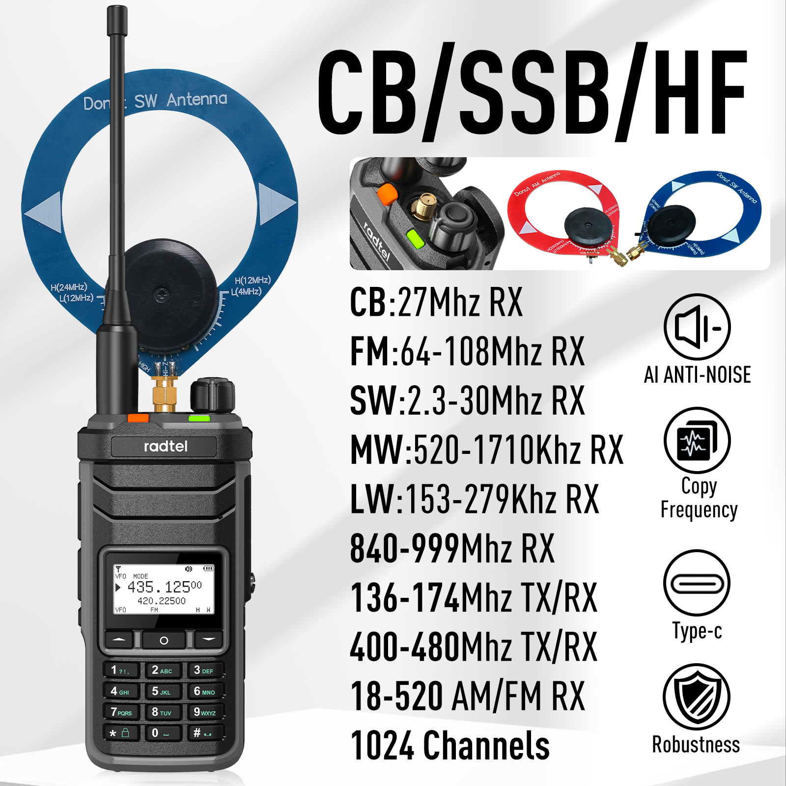 Radtel RT-860 Radioaficionado multibanda HF UHF VHF de doble banda con AM USB LSB CW CB LW MW SW SSB recepción, 1024 canales, batería de 2000 mAh