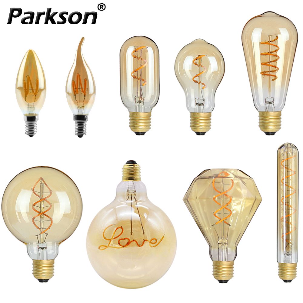 레트로 에디슨 E27 E14 LED 전구 220V 다이아몬드 사랑 ST64 A60 G80 G95 G125 T185 빈티지 유리 전구 램프 홈 장식 조명