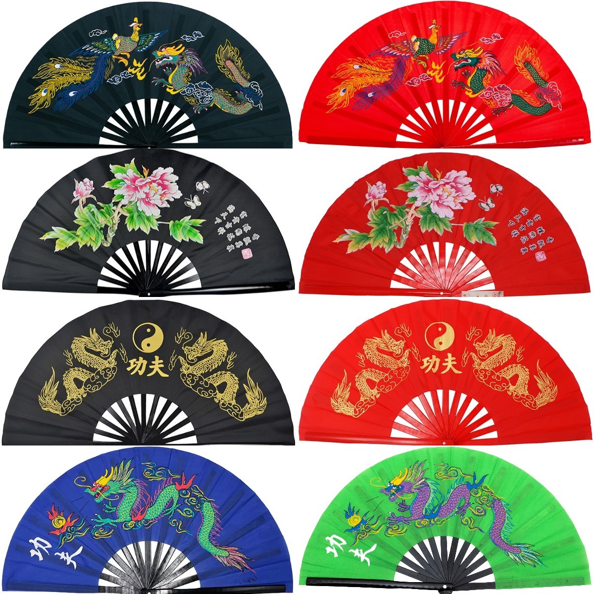 Abanico de bambú para manos derechas, abanico de actuación de Tai Chi, abanico de artes marciales, abanico de Kung Fu, abanico de Cosplay, cubierta negra, muchos patrones de China