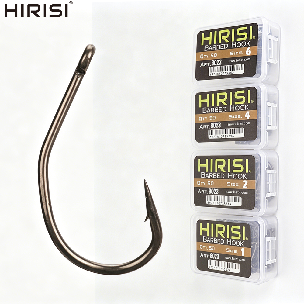Hirisi 50pcs PTFE Coating High Carbon Stainless Steel Barbed Hooks Fishing Hook Fishing Accessories 8023