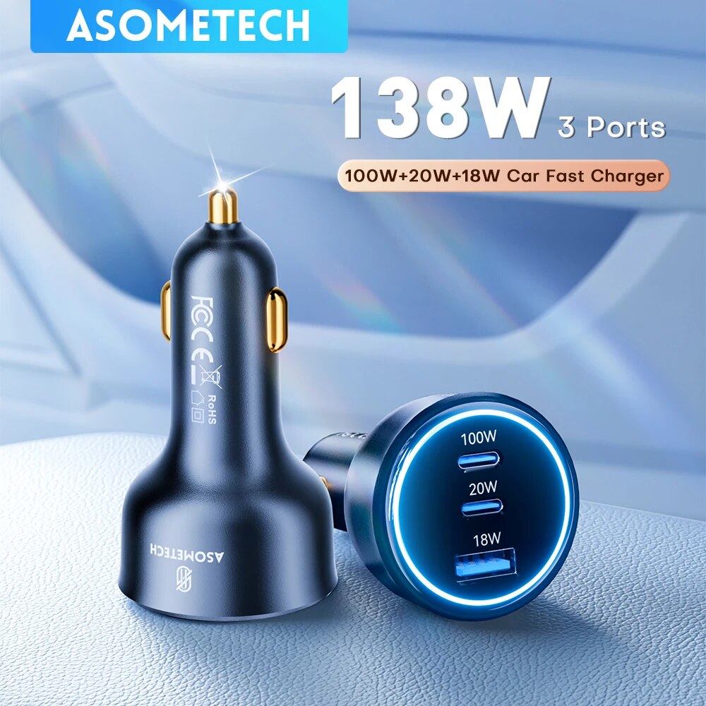 ASOMETECH 138W Ładowarka samochodowa USB typu C GaN Ładowarka 100W 65W 45W 20W PPS PD QC3.0 Szybka ładowarka do laptopa iPhone 15 Samsung S23