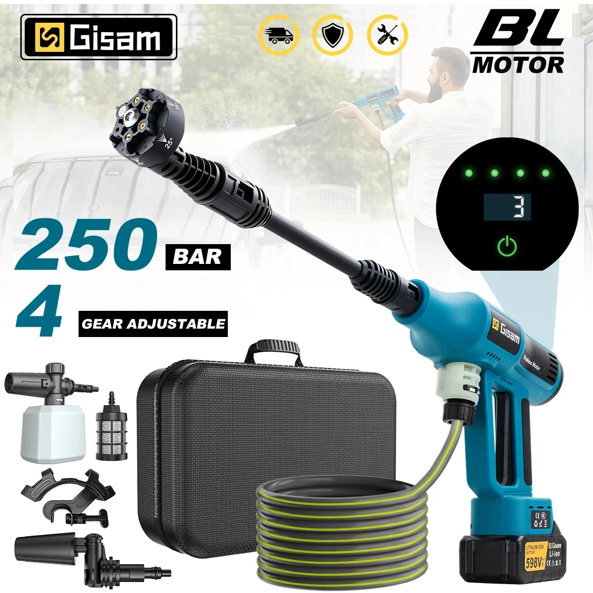 Бесщеточный электрический пистолет для мойки высокого давления Gisam 250 бар, 4 режима мощности, для дома и автомобиля, распылитель воды, совместим с аккумулятором Makita 18В
