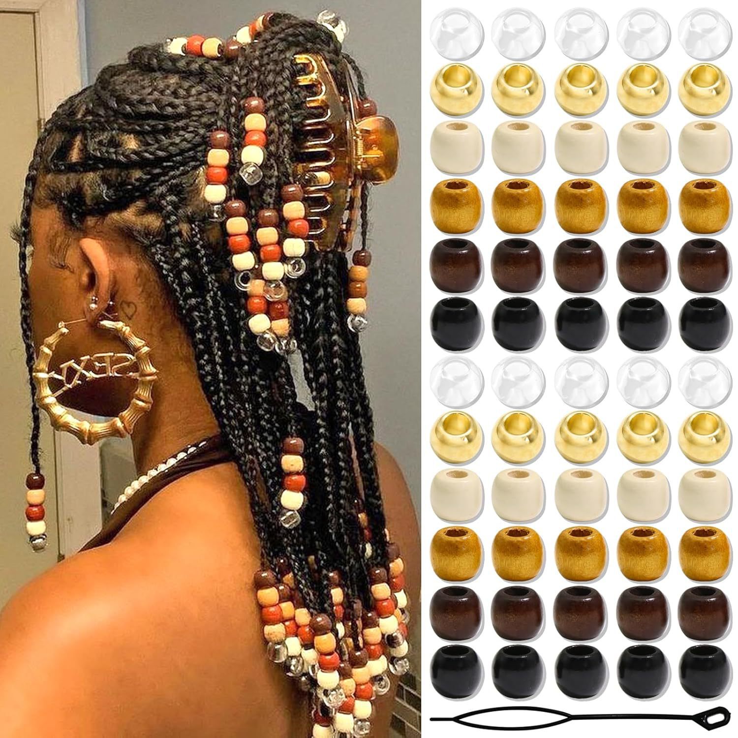 60 pièces de perles de cheveux transparentes + perles de dreadlock en bois avec ensemble d'outils de perles-accessoires de bijoux à bricoler soi-même