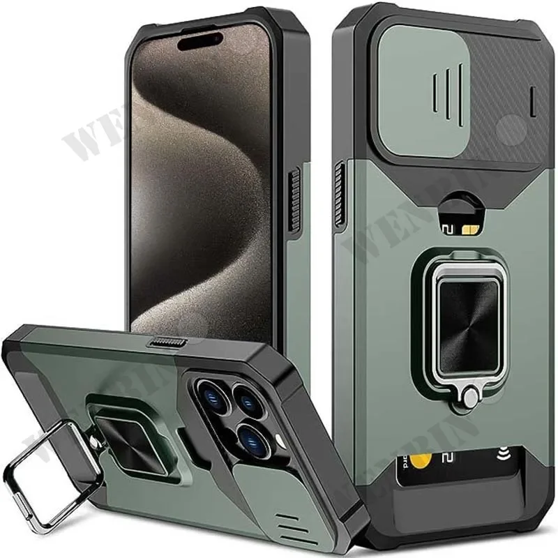 Чехол для iPhone 16, 15, 14, 13, 12, 11 Pro Max Plus 8 7 Plus XR X SE 2022, держатель для карт, слот в стиле милитари, слайд-камера, чехол