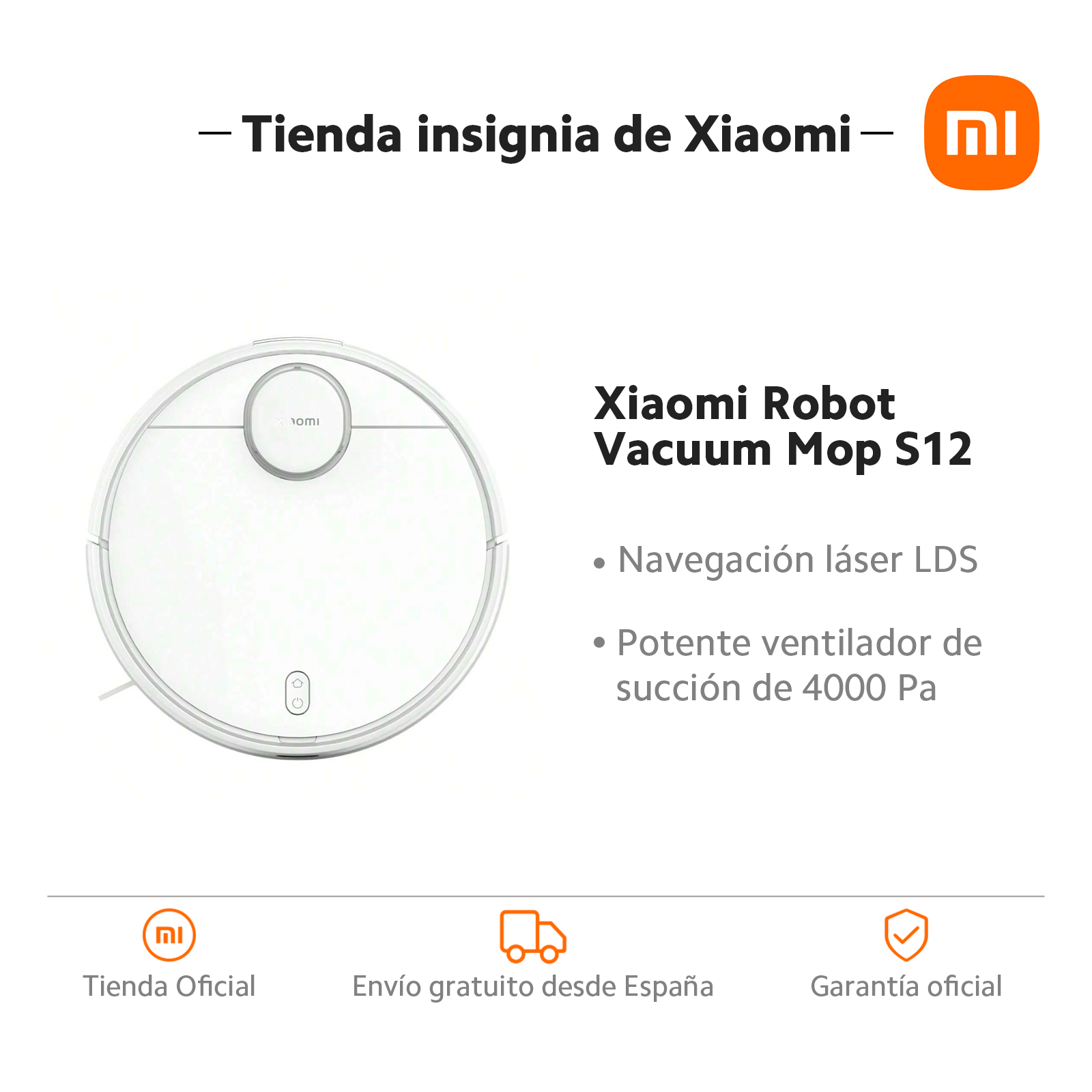 Oficial |   Xiaomi Robot Aspirador Mop S12, Navegación láser LDS, Potente ventilador de succión de 4000 Pa