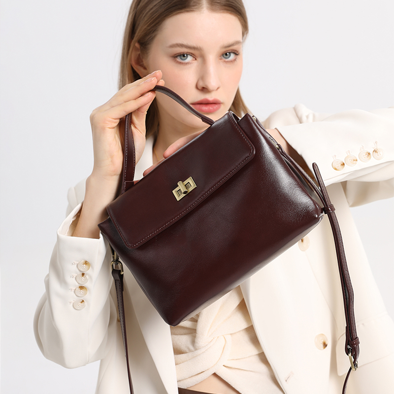 Borsa a Tracolla in Vera Pelle per Donne, Borsa a Spalla Vintage in Pelle Cerata, Piccola Borsa di Lusso Firmata