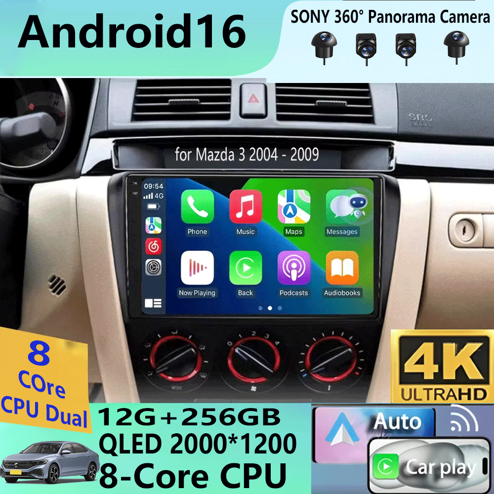 Radio para Auto con Reproductor de Video Android 16 para Mazda 3 2004 - 2009 2din con BOSE Multimedia Carplay Estéreo GPS Unidad Principal WIFI+4G