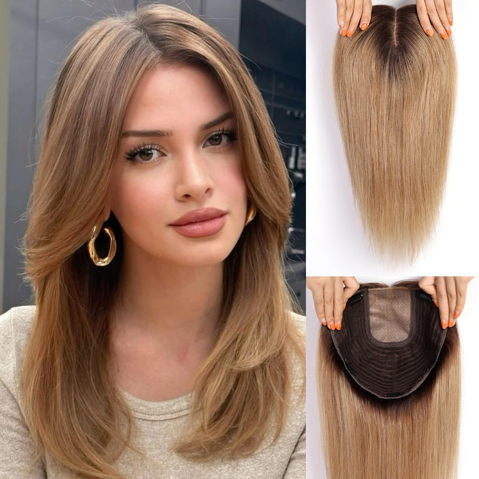 Hiasan Rambut Manusia Ombre Coklat 16 Inci 9X9 Inci 5 Klip Hiasan Rambut Remy Dasar Besar Alami Dasar Sutra Dalam Potongan Ekstensi untuk Wanita