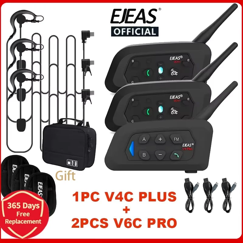 EJEAS V4C PLUS + 2 STKS V6C PRO 1200 M Full Duplex Bluetooth Headset Voetbalconferentie Intercom 3 Gebruiker Scheidsrechter Intercom Headset