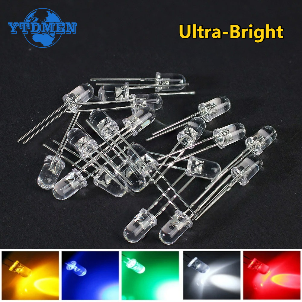 50/100 Uds 5mm LED Ultra brillante transparente blanco verde rojo azul amarillo naranja diodo emisor de luz Kit surtido de LED redondo