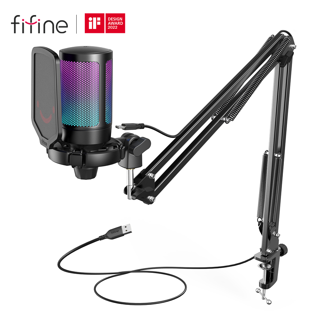 Zestaw mikrofonu do gier FIFINE USB do komputera PC, PS4/5 Zestaw mikrofonu pojemnościowego z przyciskiem wyciszenia/RGB/stojakiem na ramię, do strumieniowego przesyłania wideo-A6T