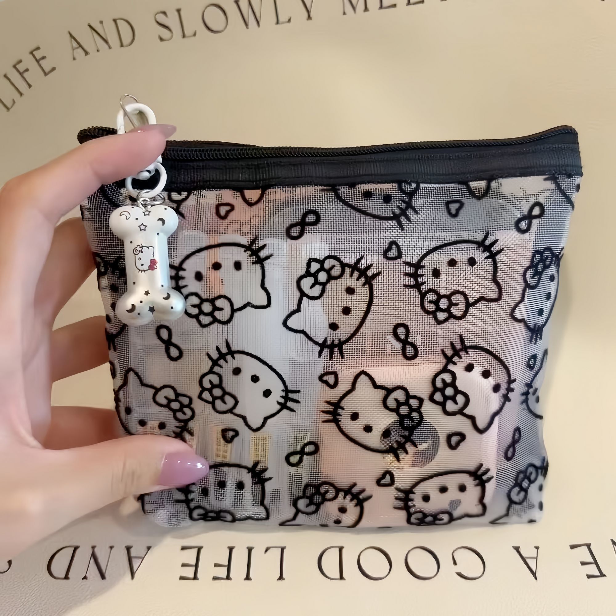 Borsa Cosmetica Kawaii in Pizzo Hello Kitty, Portamonete Vintage Carino, Borsa Portatile in Rete Nera per Trucchi, Regalo