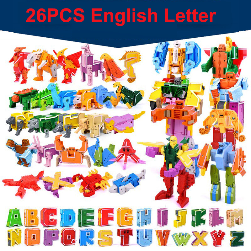 26 GUDI Englischer Buchstabe Lernen Sie A-Z Alphabet Transformation Roboter Dinosaurier Verformung Tier Actionfiguren Bausteinspielzeug