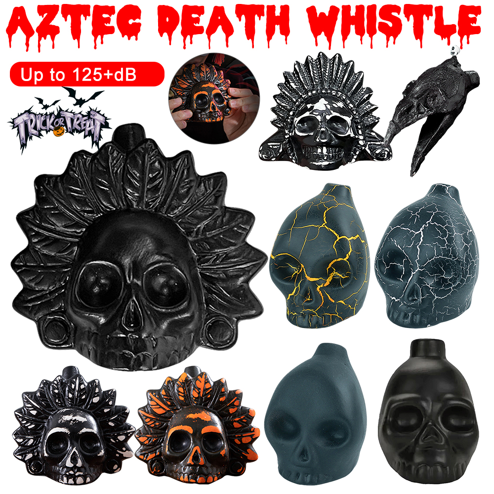 Authentische aztekische Todespfeife, laute menschliche schreiende aztekische Pfeife, schwarze Totenkopf-/Kronen, gruselige Kriegspfeife für Halloween-Streich-Requisiten