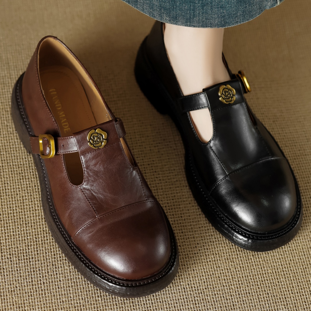 Women's genuine leather metal buckle t-strap slip-on flats oxfords round toe soft comfortable casual female moccasins shoes sale