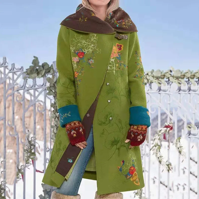 2023 Autumn/Winter New Women's Mid length Printed Top Long Sleeve Woolen Coat