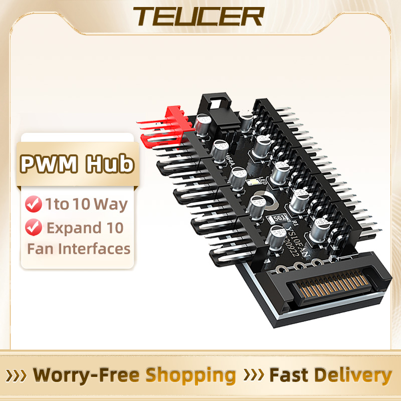 TEUCER 10 ポート PC ケースファンハブ 12V 4Pin PWM コントローラ SATA 電源/大型 4P スプリッタマザーボードクーラー冷却ファンケーブル