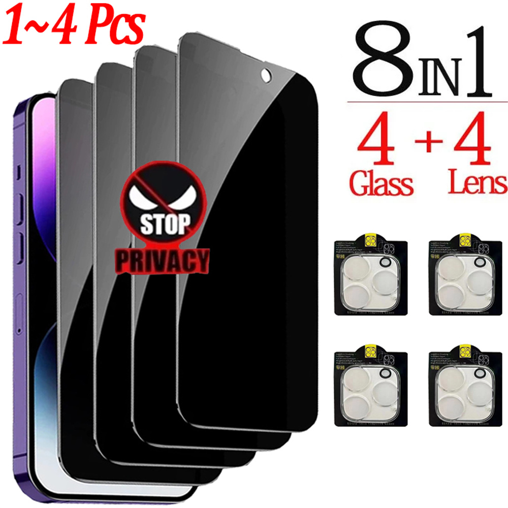 1~4PCS スパイ防止ガラス 用 iPhone 17 16 15 14 13 Pro Max プライバシースクリーンプロテクターとカメラ保護フィルム 用 iPhone 15 12 11 プロ Anti Spy Glass