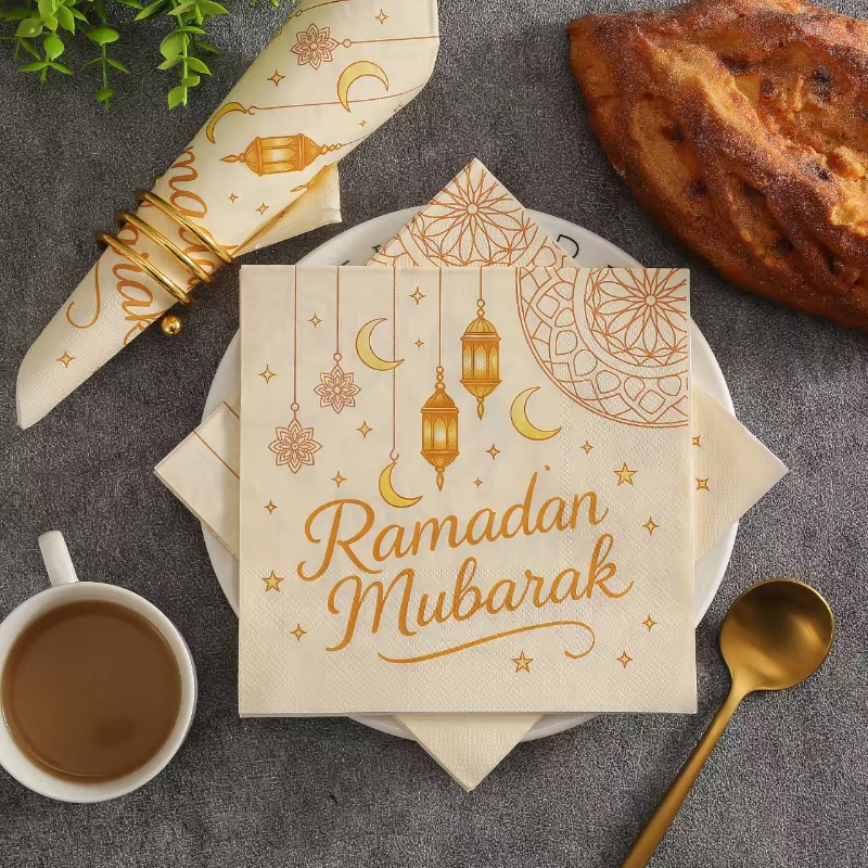 20pcs 33*33cm 2Layer Hot Selling Ramadan Elements Napkins Gold Moon Printed Disposable Table Mat DIY Decoupage Paper