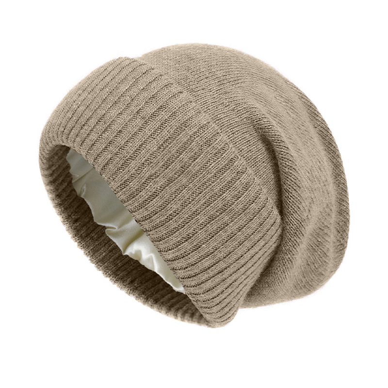 Beanie-Mütze aus 100 % Kaschmir für Damen, Winter, mit Satin gefüttert, gestrickt, solide Skullies-Mütze, Seidenfutter, weich, warm, lässige Mütze