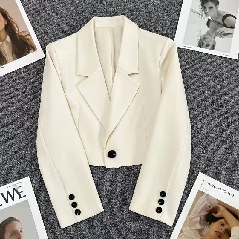 Smvp Black Cropped Blazers Woman Trend 2024 New All-match Notched Collar Crop Jacket Women Korean Chic Single Button Suit Coat