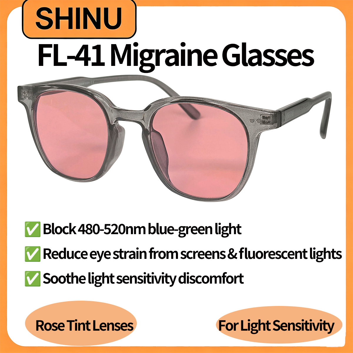 Kacamata FL41 Tanpa Resep SHINU, Lensa Rose FL41 Filter 480-520nm Khusus untuk Menghilangkan Migrain Kacamata Sensitif Terhadap Cahaya