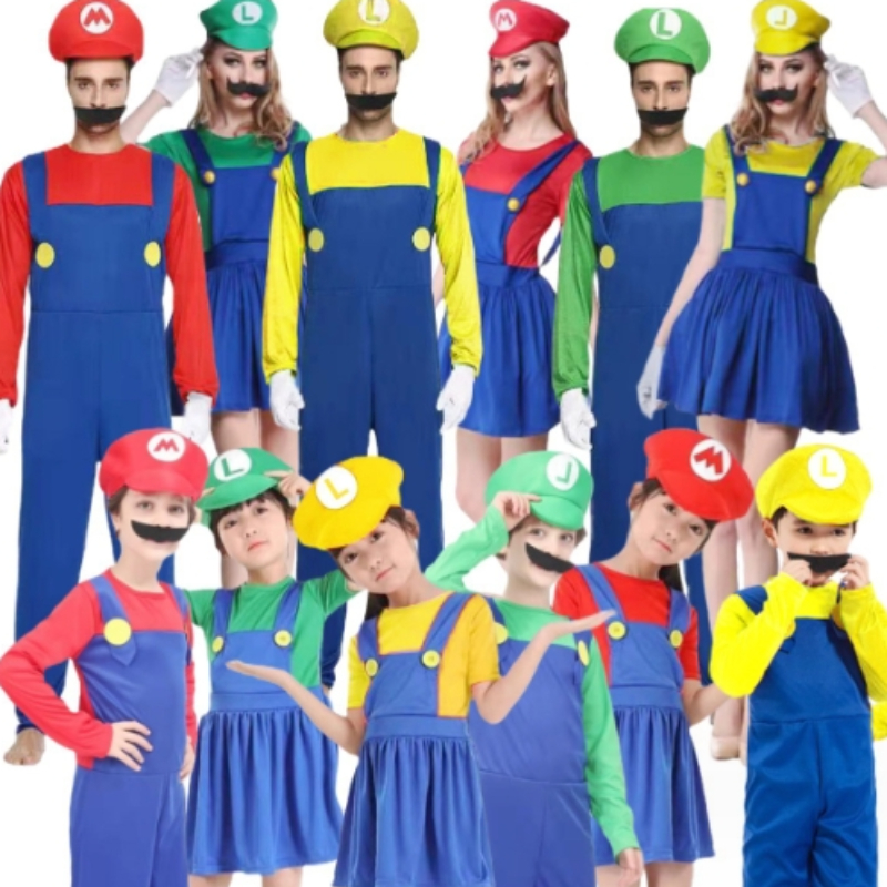 Anime odyssey super luigi irmãos cosplay traje adulto crianças macacão barba chapéu conjunto traje de halloween