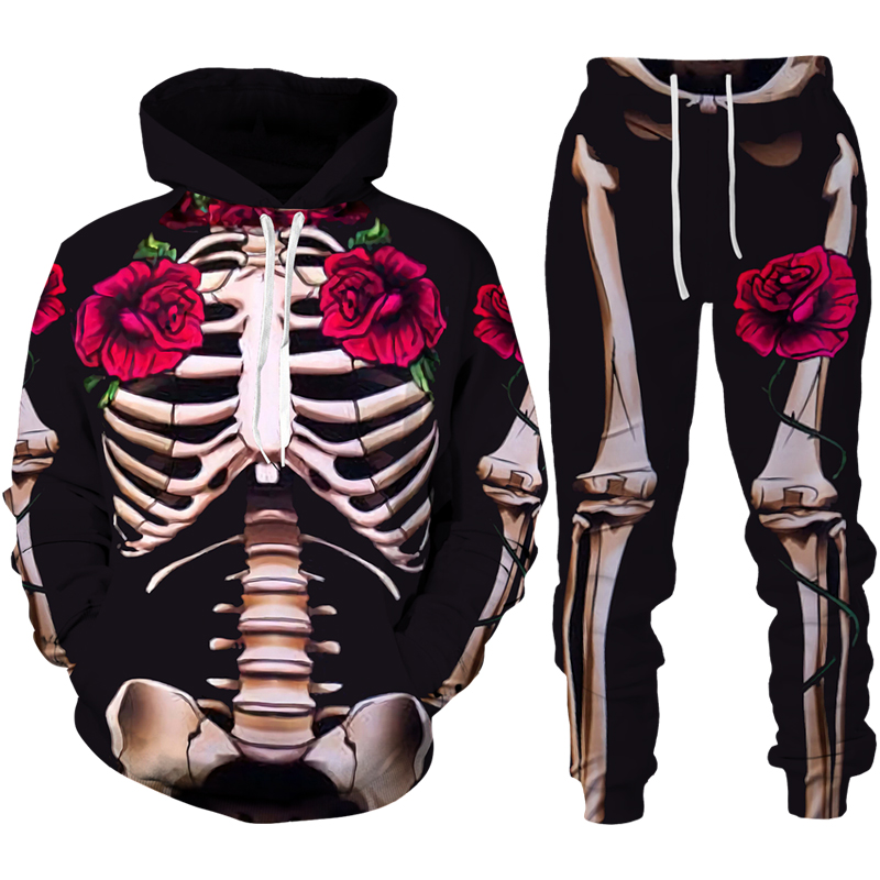 Horror Skelett 3D-Druck Herren Trainings anzug Set lustige Halloween Schädel Cosplay Hoodie Hose 2 stücke setzt übergroße Pullover Streetwear